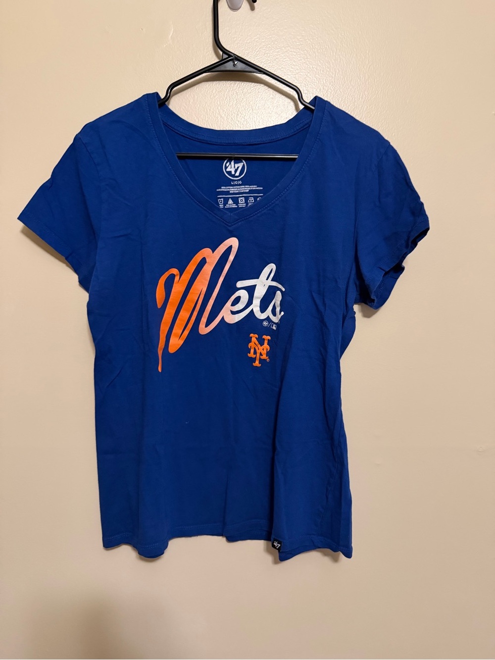 47 Brand Women's Royal Blue Mets V-Neck Tee with Orange and White Script